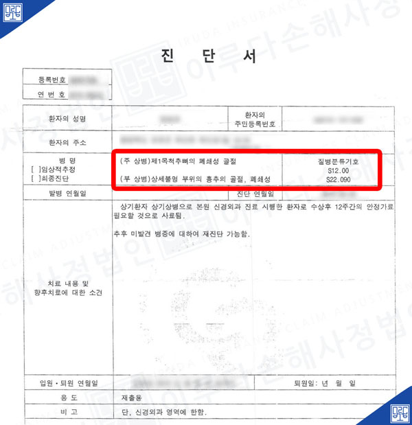 척추뼈 폐쇄성 골절 후유장해 보험금&손해배상금 사례 이루다손해사정법인 성공사례 썸네일